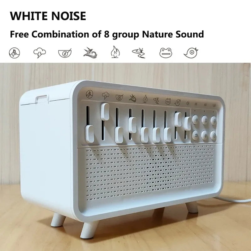 White noise machine with nature sound icons on a wooden surface